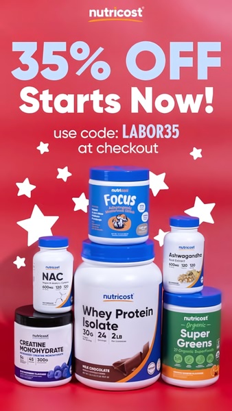 A 9:16 vertical mobile ad showcasing a clear discount offer for a range of health supplements, using a bold red background to drive attention.